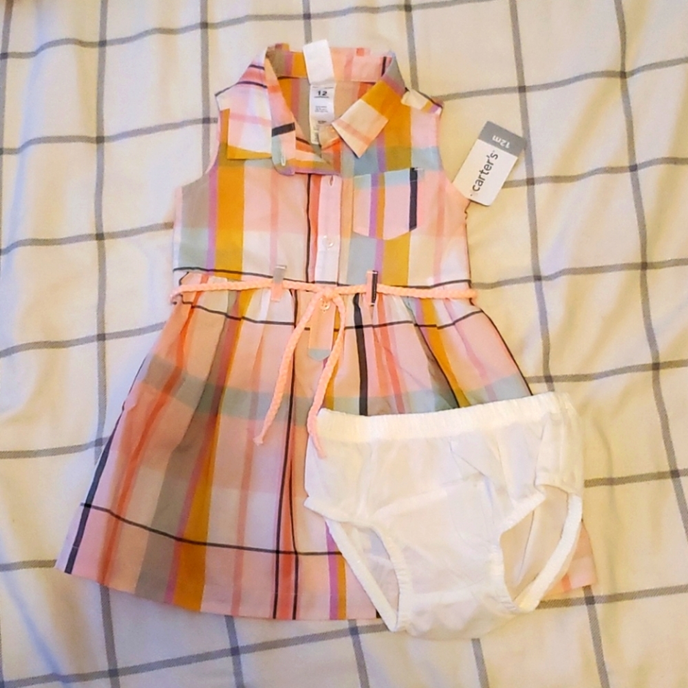 Carters pink, orange, white dress & diaper cover.